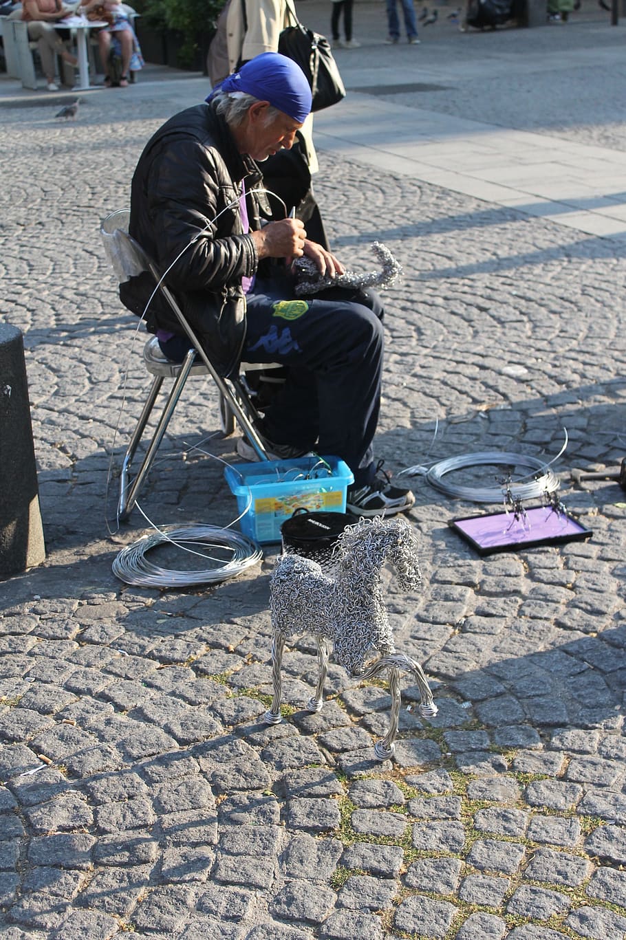 street, art, wire, real people, day, working, sitting, sunlight HD wallpaper
