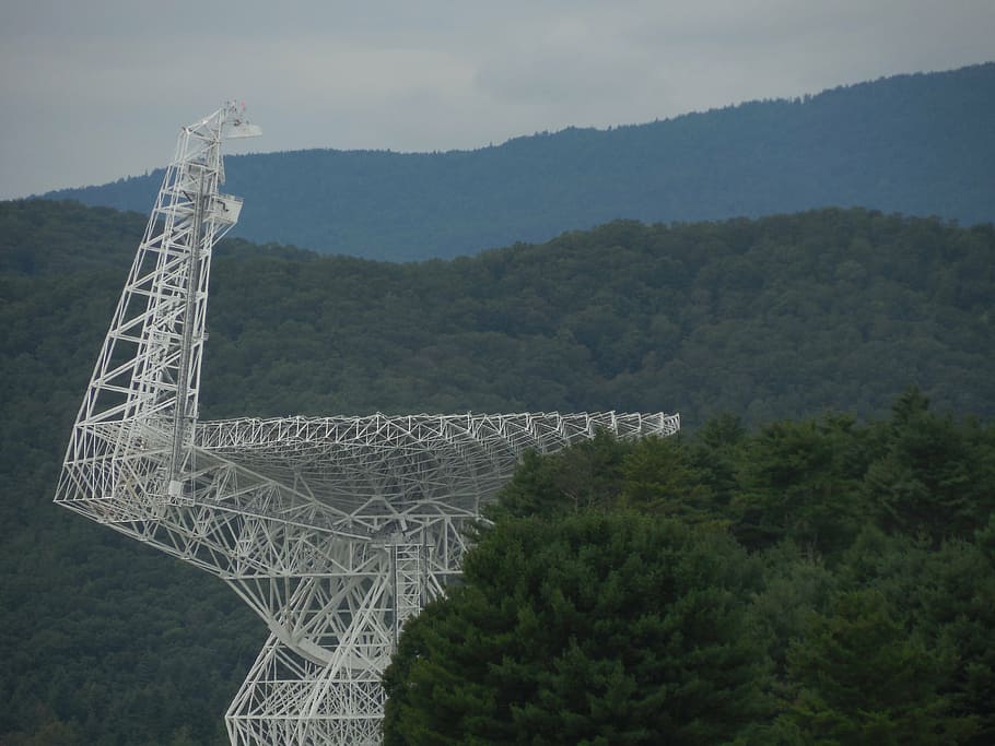 trees, radio telescope, sky, technology, communication, satellite, HD wallpaper