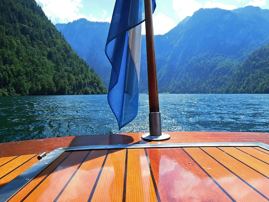 Nature, Boot, Rear, Water, Flag, boat flag, mountains, view HD wallpaper