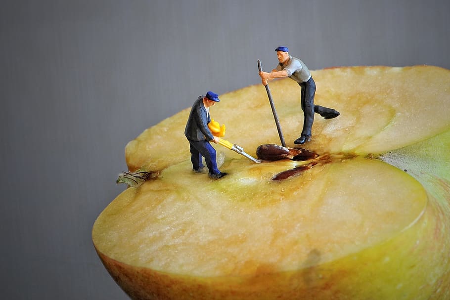 two man on apple edited photo, tiny people, core apple, apple half HD wallpaper