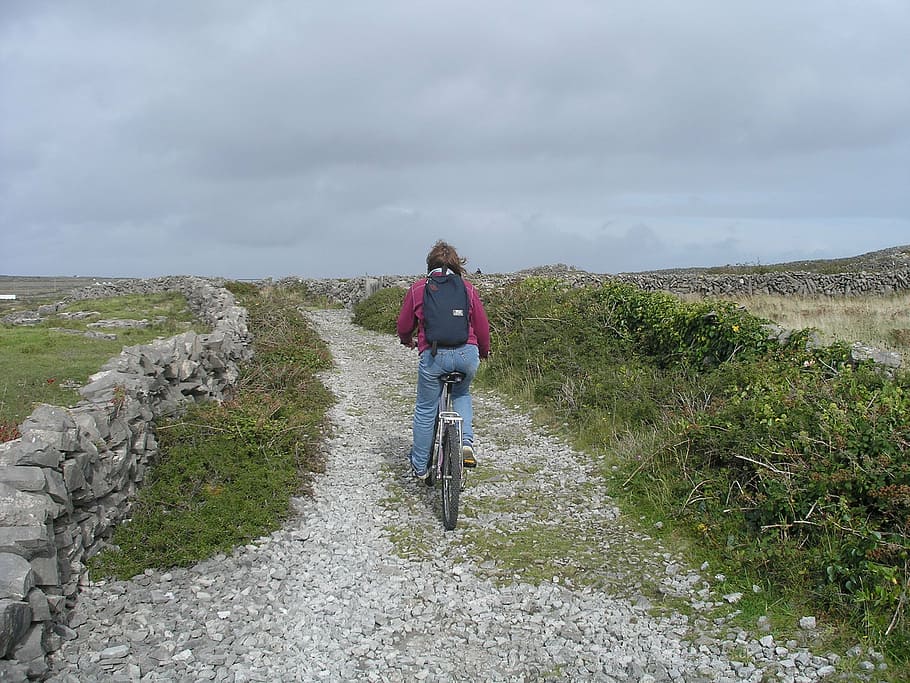 aran islands, ireland, path, bike riding, young, nature, countryside, HD wallpaper