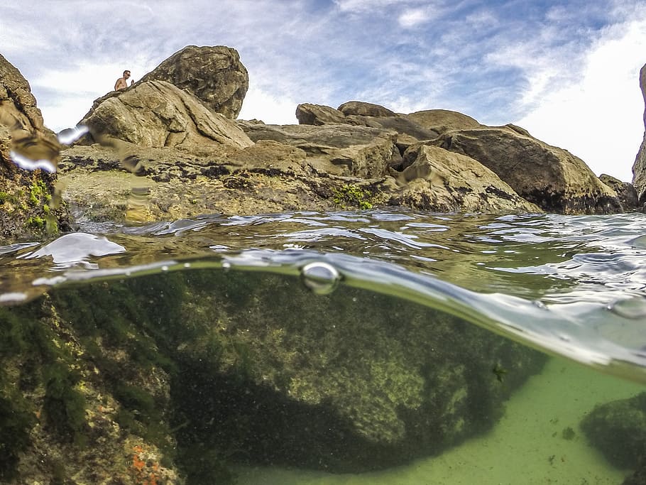 diving, beach, mar, stone, nature, rock, water, ocean, cove HD wallpaper