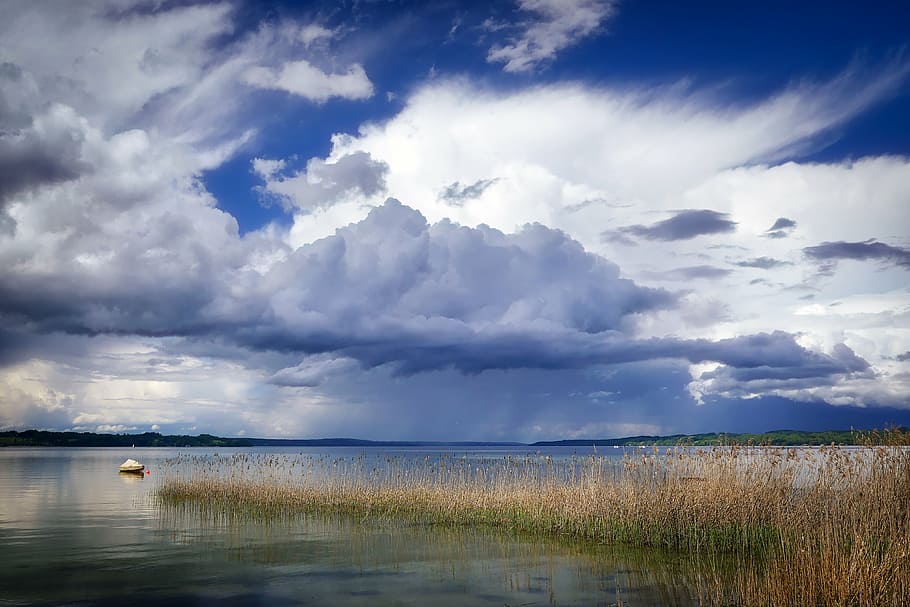 cloud formation, clouds, dawn, dusk, grass, lake, landscape HD wallpaper
