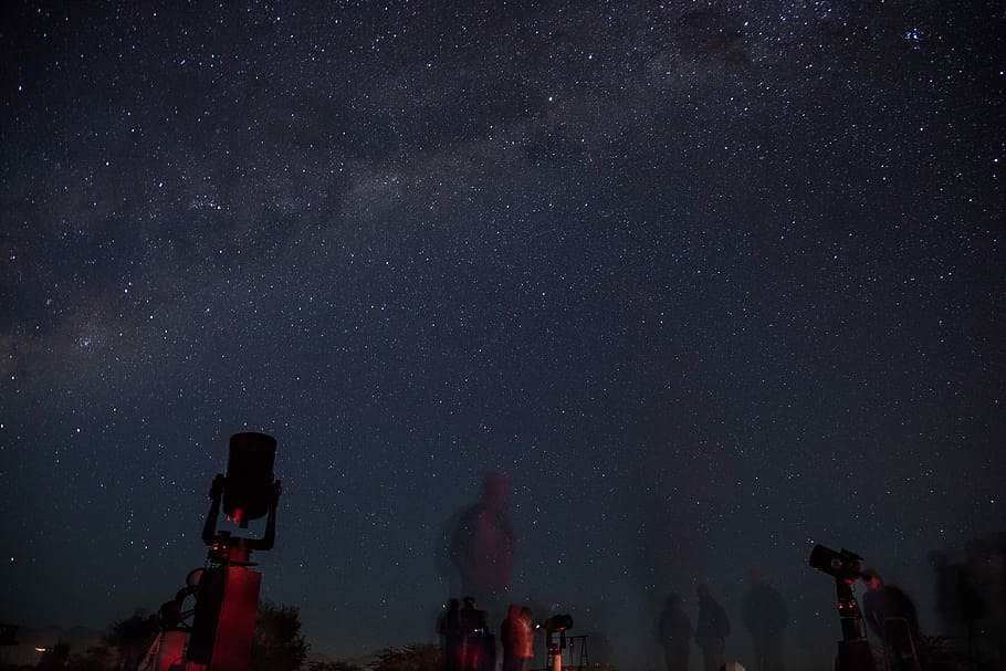 starry night, black telescopes during night, sky, light, night sky HD wallpaper