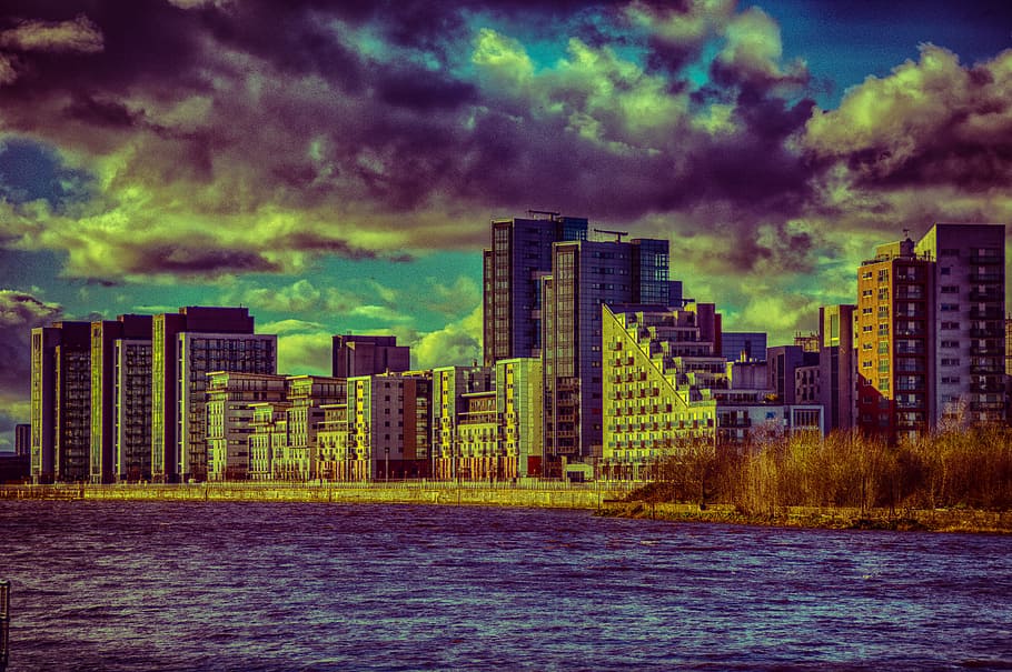 gray building painting, glasgow, clyde, river, buildings, bank HD wallpaper