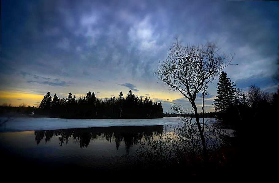 landscape, lake, trees, sky, water, clouds, québec, sunset HD wallpaper