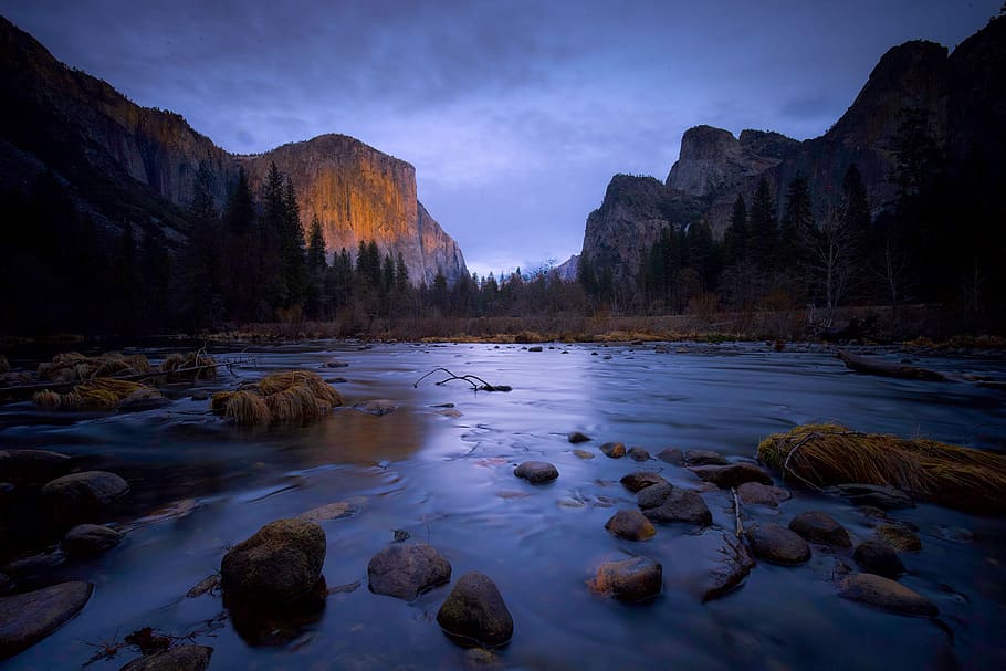 landscape photography of Yosemite National Park, rocks in water near mountain HD wallpaper