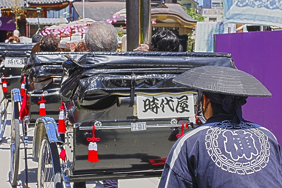 japan, buggy, rickshaw, tradition, text, rear view, transportation HD wallpaper
