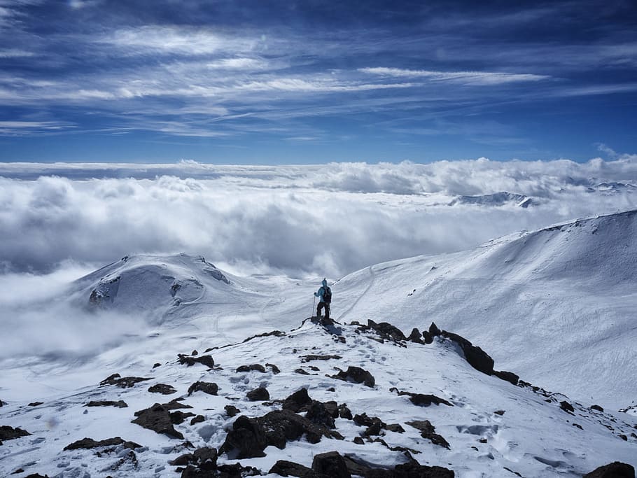 person on snow covered mountain, person standing on white and black mountain HD wallpaper