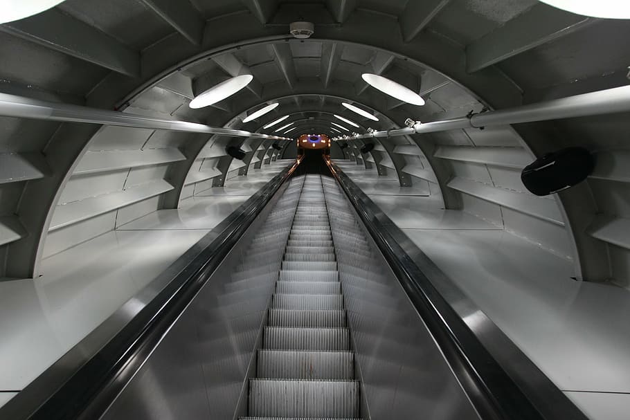 stainless steel escalator, atomium, brussels, landmark, places of interest HD wallpaper