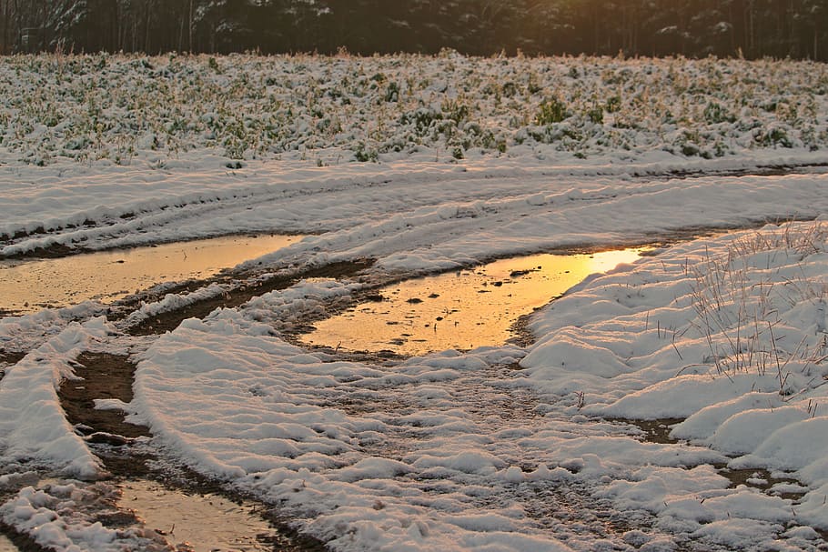 winter, snow, sunset, puddle, frozen, ice, wintry, snow landscape HD wallpaper