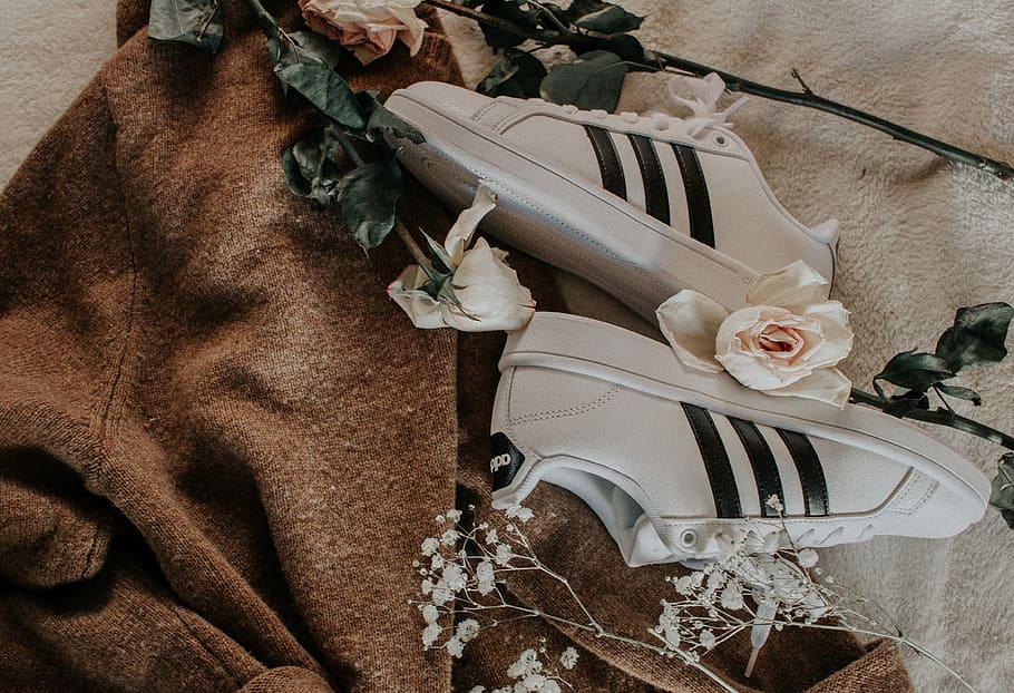 pair of black and white adidas shoes, pair of white adidas low-top sneakers with white roses, HD wallpaper