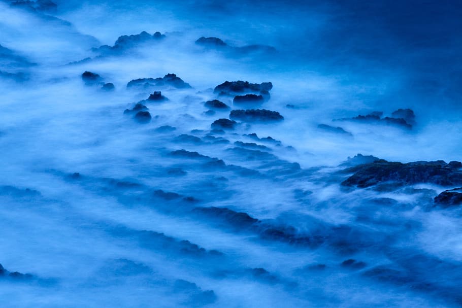 mountain covered by fogs, blue, blur, coast, motion, movement HD wallpaper