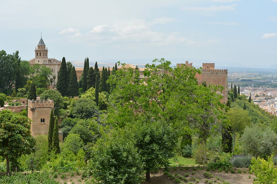 Alhambra, Castle, Granada, Spain, alcazaba, architecture, tree HD wallpaper