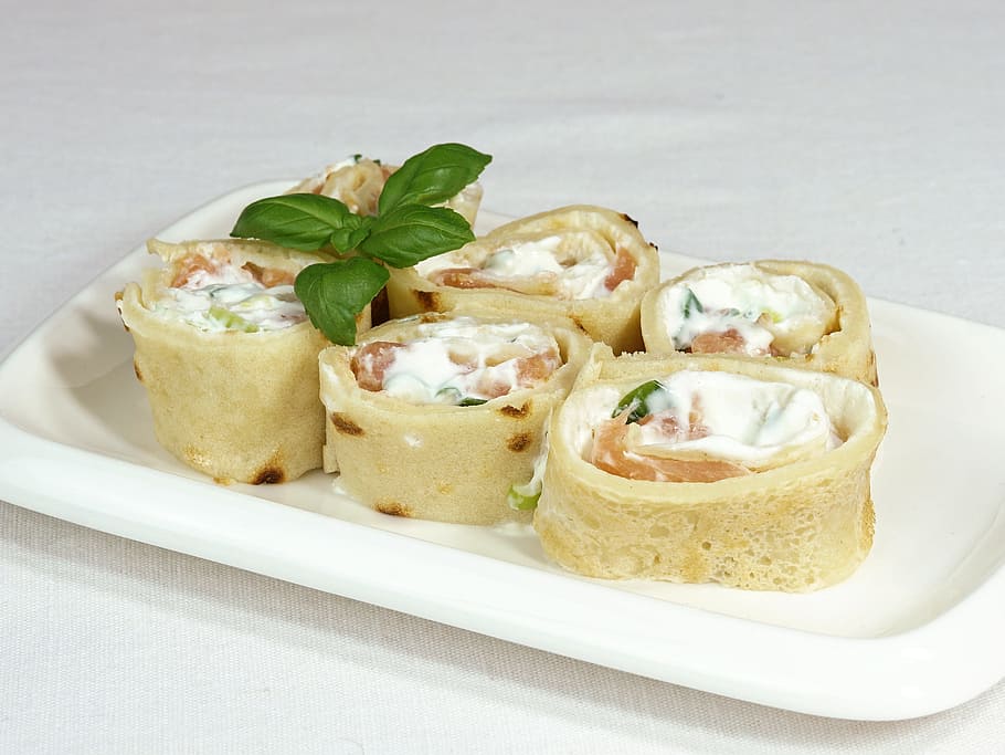 sliced foods in white ceramic plate, pancake, salmon, quark HD wallpaper