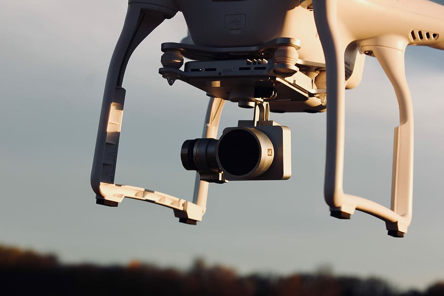 photo of DJI Phantom powered on, white quadcopter drone, camera, HD wallpaper