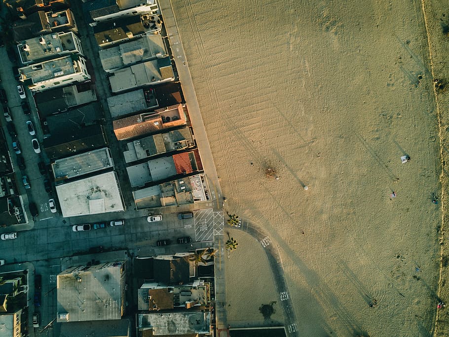bird's eye view photography of pavement, aerial, rooftops, buildings HD wallpaper