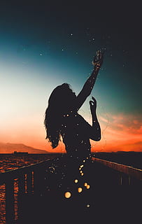 jetty, dawn, sunset, woman, afterglow, backlit, bokeh, dark, dock HD wallpaper