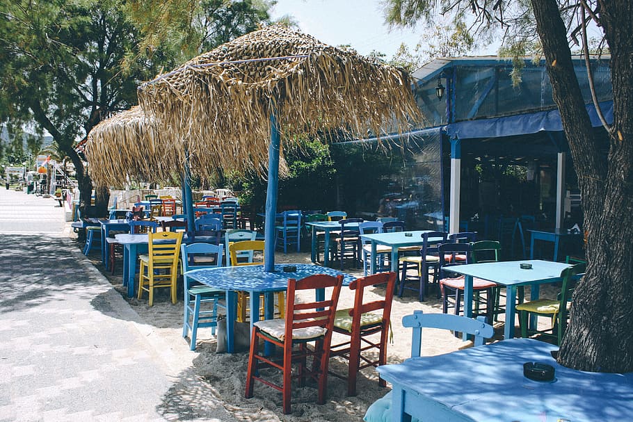 Beach cafe in Greece, travel Locations, restaurant, chair, outdoors HD wallpaper