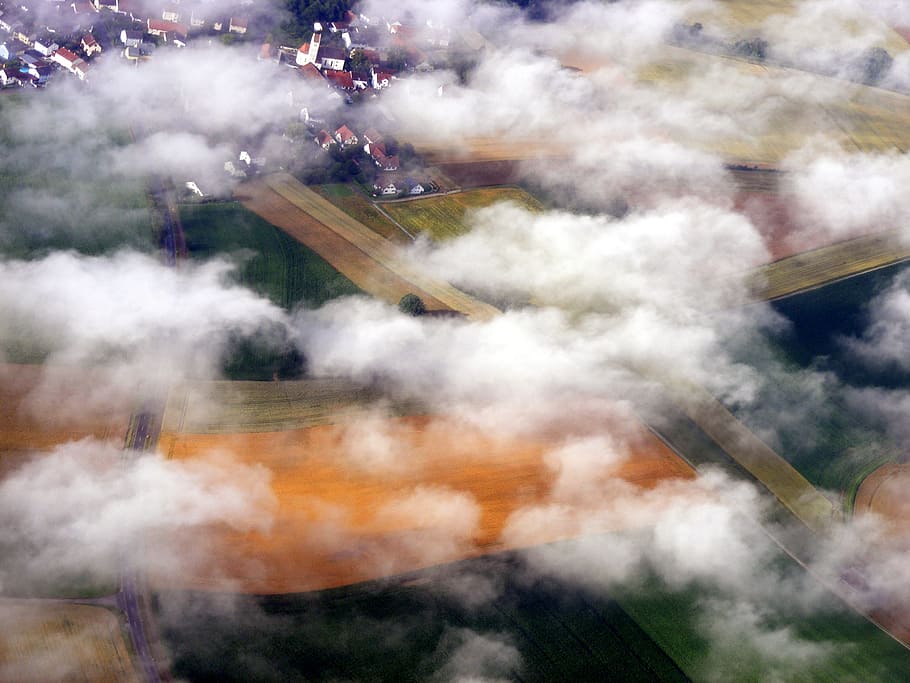 cloud, sky, white, plane, day, the haze, ground, building, environment HD wallpaper