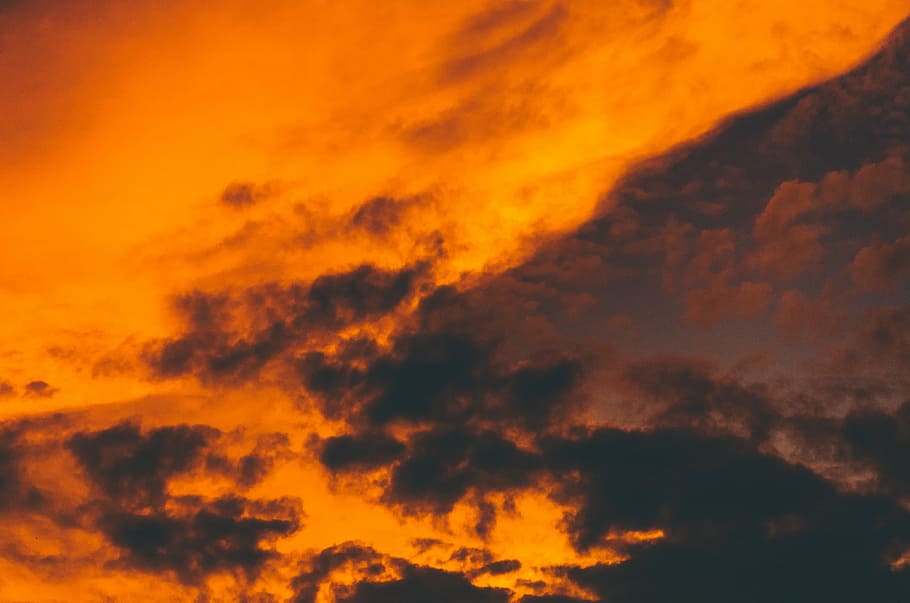 orange and white sky, orange and gray clouds, sunset, orange color HD wallpaper