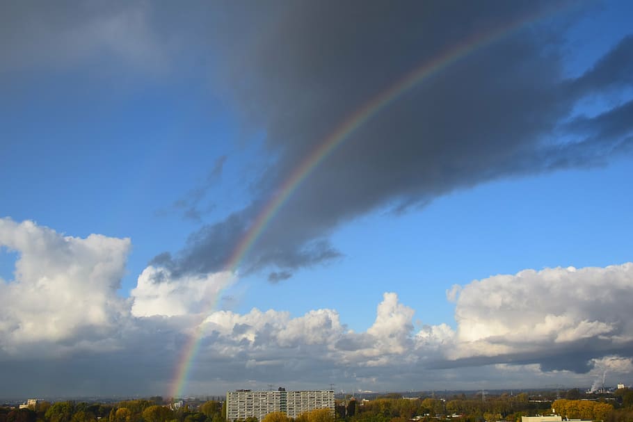 rainbow, horizon, view, landscape, clouds, nature, air, threatening clouds HD wallpaper