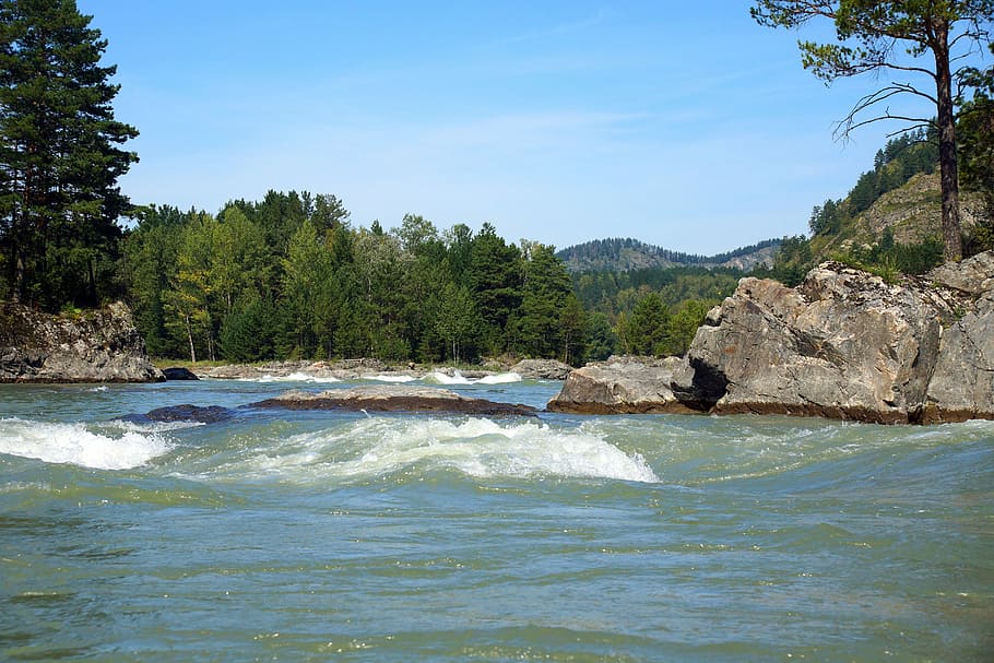 River, Water, Nature, Sky, Stones, forest, fast water, landscape HD wallpaper