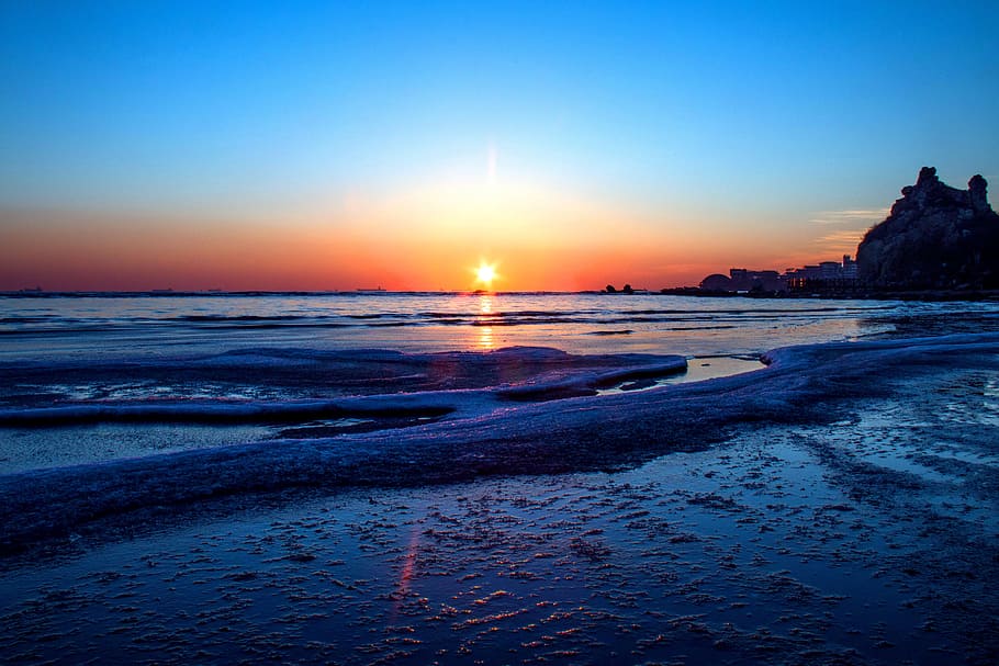 Winter, Beach, Sunrise, sunset, sea, scenics, sky, beauty in nature HD wallpaper