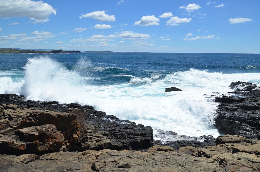 beach, rocks, sea, water, motion, sky, rock - object, wave HD wallpaper
