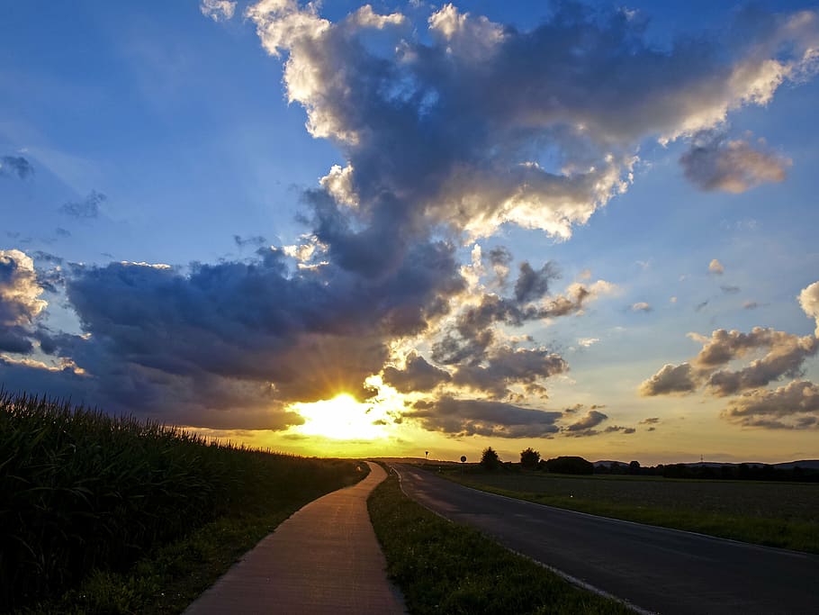 sunset, landscape, nature, sky, cloud - sky, road, the way forward HD wallpaper