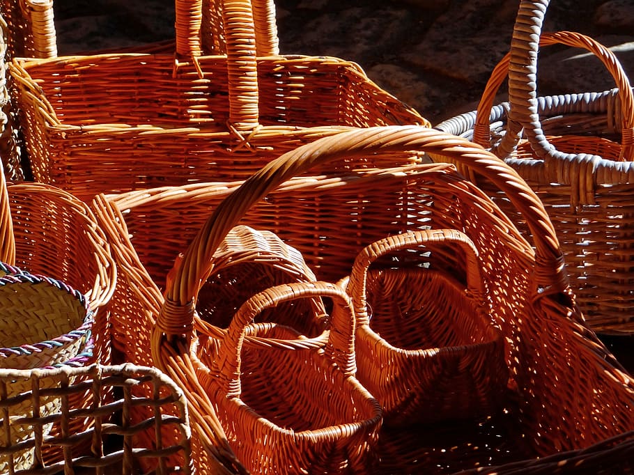 wicker baskets, craft, handmade, natural, red, orange, brown HD wallpaper