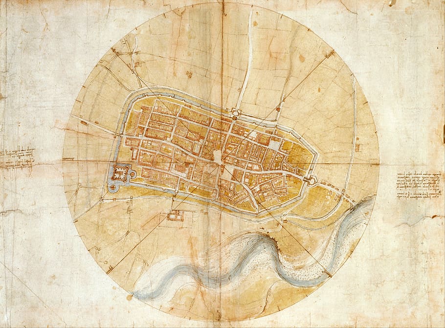 Leonardo da Vinci's map of Imola, Italy in 1502, photos, public domain