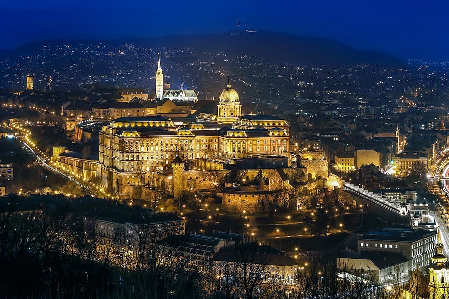 aerial view of city during night time, budapest, europe, hungary
