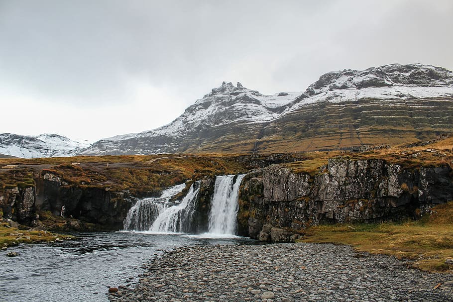 water falls on gray mountain under gray clouded sky, nature, iceland, HD wallpaper