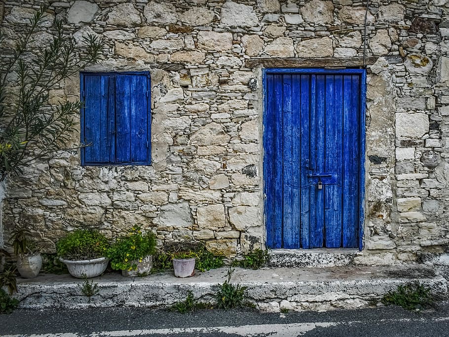 blue wooden door, wall, old, window, architecture, exterior, facade, HD wallpaper