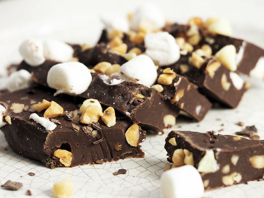chocolate bar with nuts and marshmallow, fudge, sugar, sweet, HD wallpaper