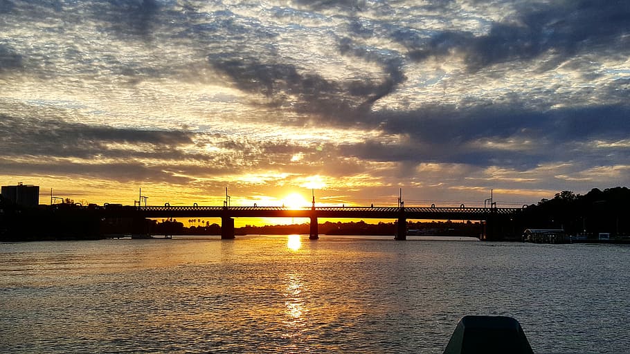 backlit, bridge, calm, city, dawn, dusk, landscape, nature HD wallpaper