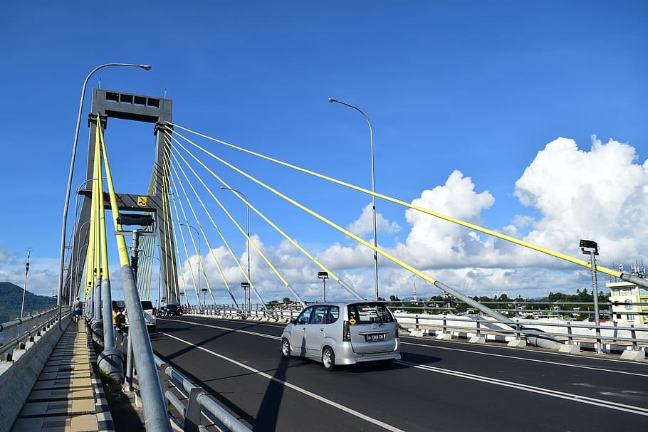 blue sky, manado, cable-stayed bridge, transportation, motor vehicle, HD wallpaper