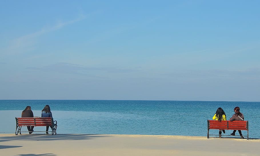 four women sitting on brown wooden bench looking at sea during daytime HD wallpaper