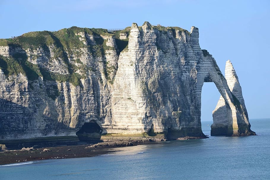 sea, cliff, roche, landscape, side, beach, normandy, rock, rock - object HD wallpaper