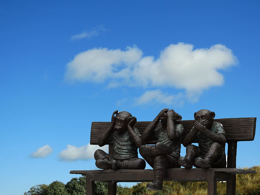 three wise monkeys sitting on bench statues, art, sculpture, artwork, HD wallpaper