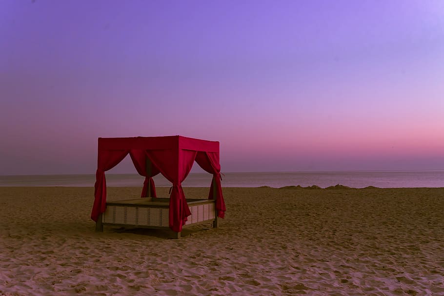 twilight, beach, leave, romantic, sky, mood, sea, sun, red
