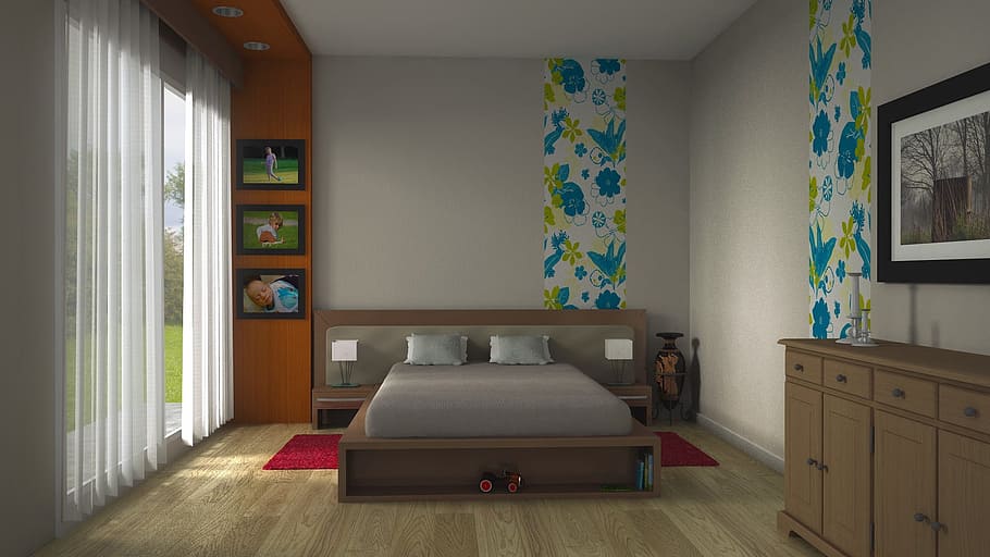 brown wooden bed, room, exhibit, decor, interior decorating HD wallpaper