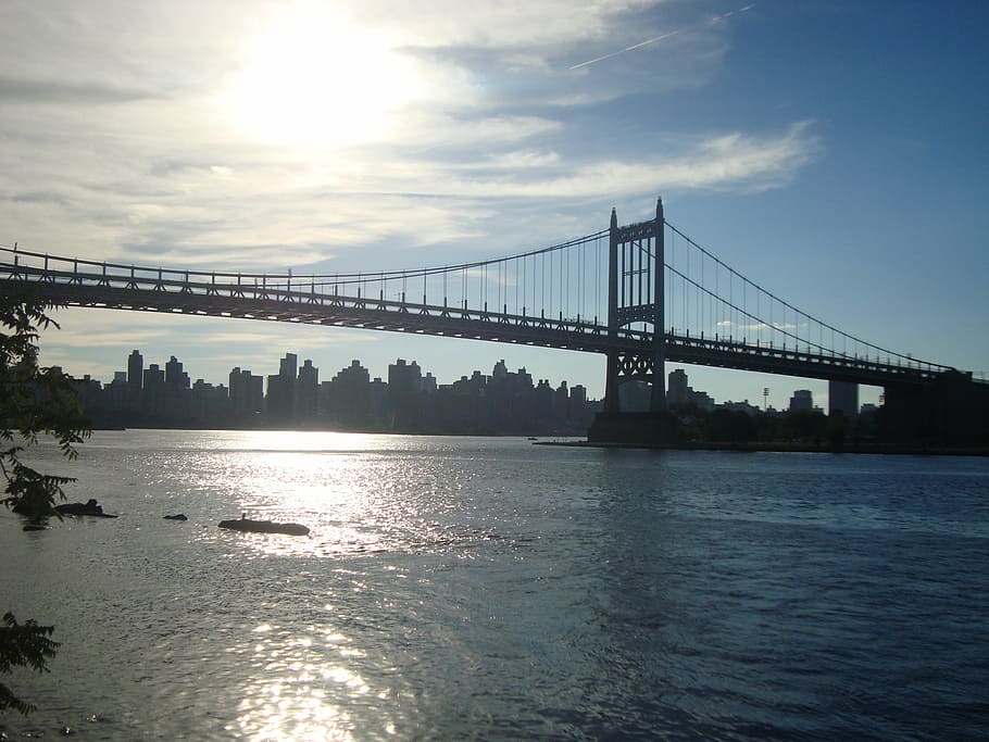 suspension bridge, river, water, city, skyline, bridge - man made structure HD wallpaper
