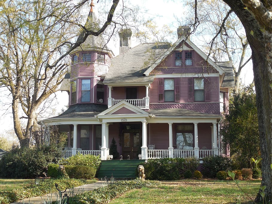 pink and white wooden house surrounded with grass and trees HD wallpaper