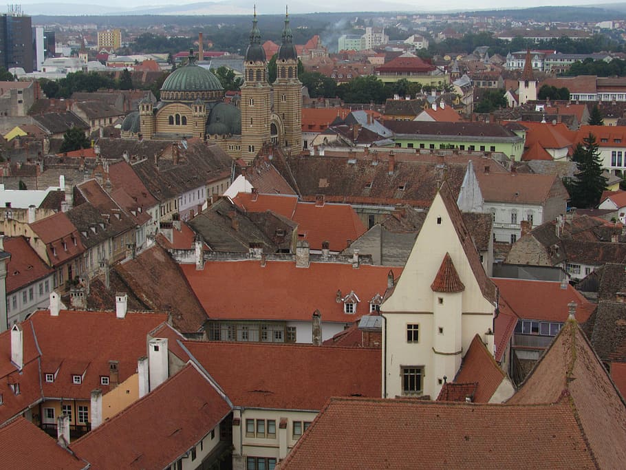 sibiu, transylvania, romania, buildings, center, panorama, street