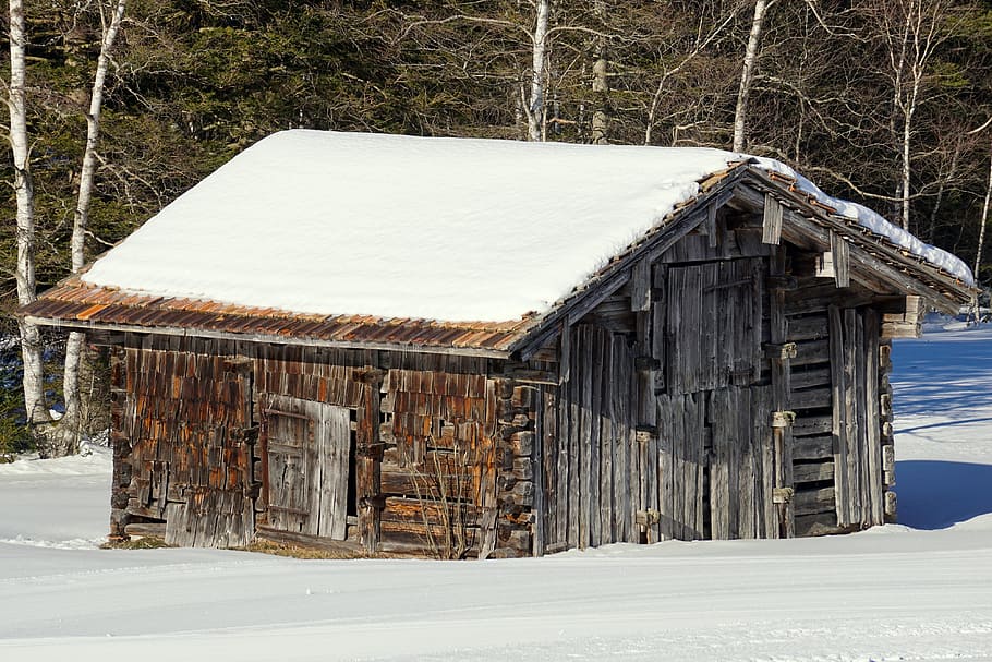 Winter, Barn, Snow, Scale, Wood, log cabin, nature, rural, old, HD wallpaper