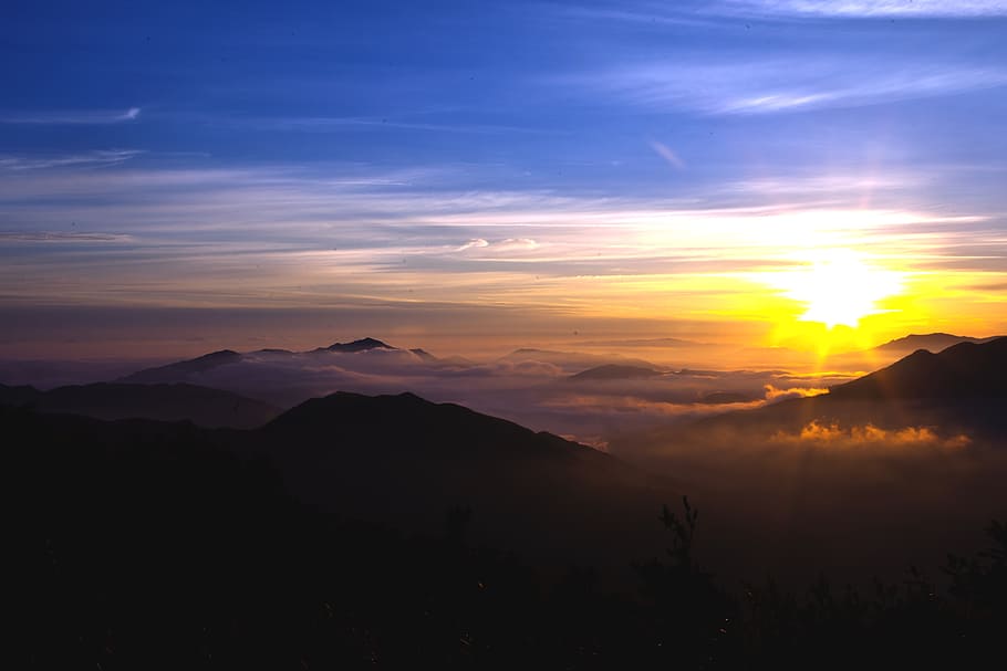 aerial view of mountain ranges during sunset, sunrise, solar HD wallpaper