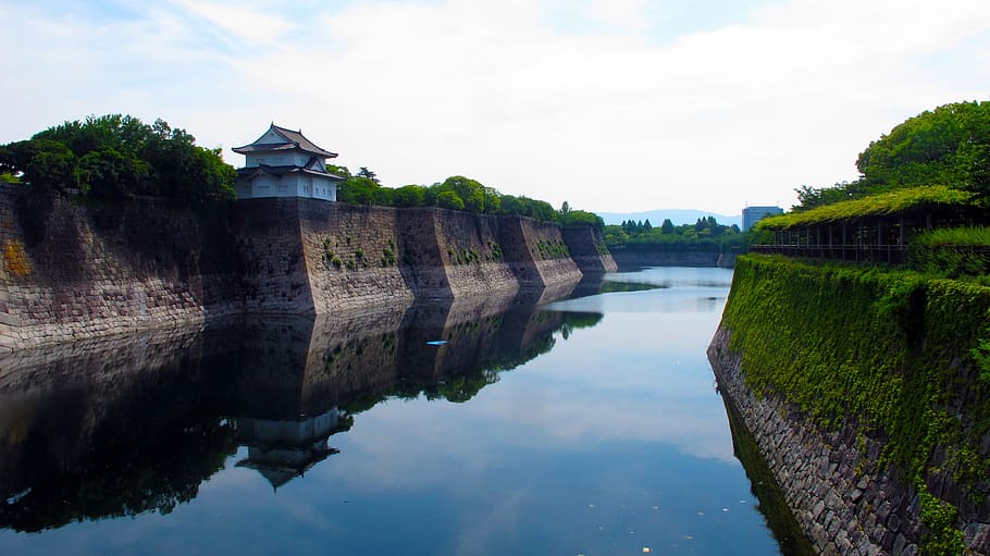 moat, osaka castle, japan, landmark, asian style, construction, HD wallpaper