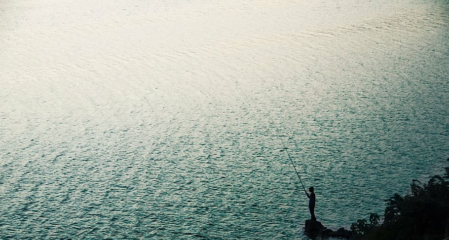person using fishing rod near body of water, sea, ocean, wave HD wallpaper